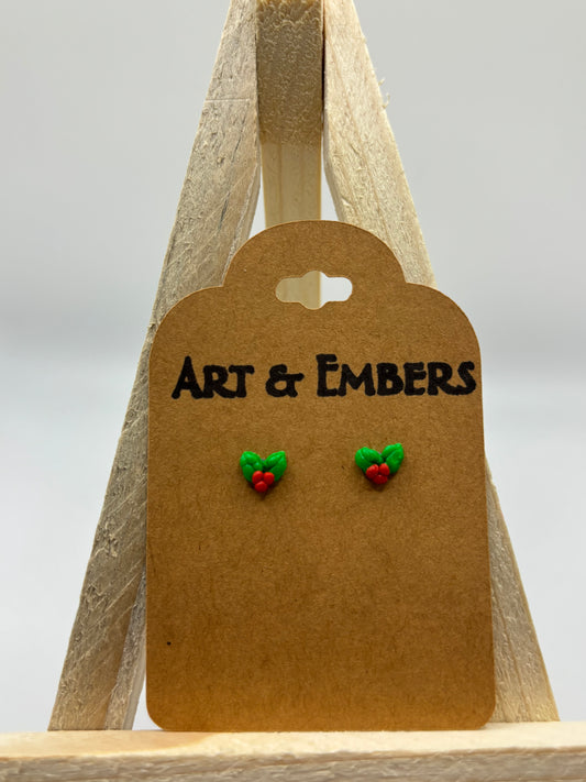 Holly Berry Stud Earrings - Festive Polymer Clay