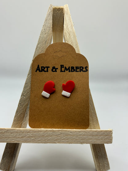 Red Mitten Stud Earrings - Cozy Winter Polymer Clay