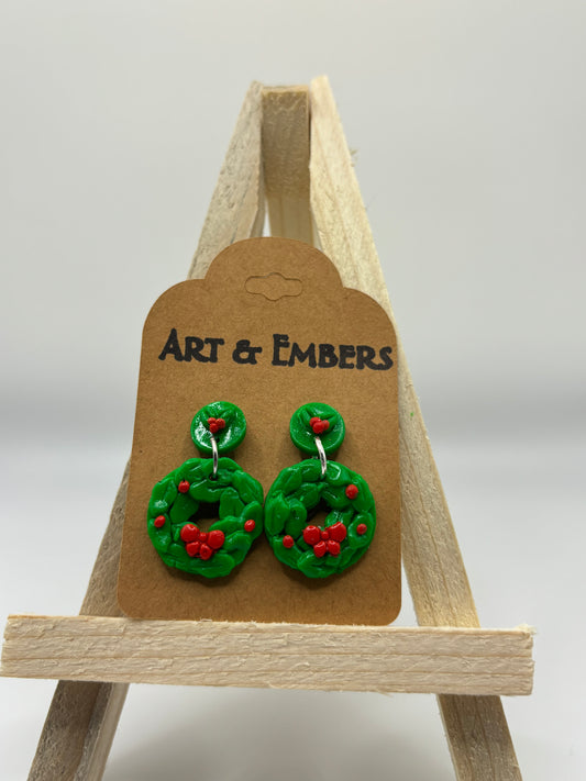 Yuletide Wreath Dangles - Festive Polymer Clay Earrings