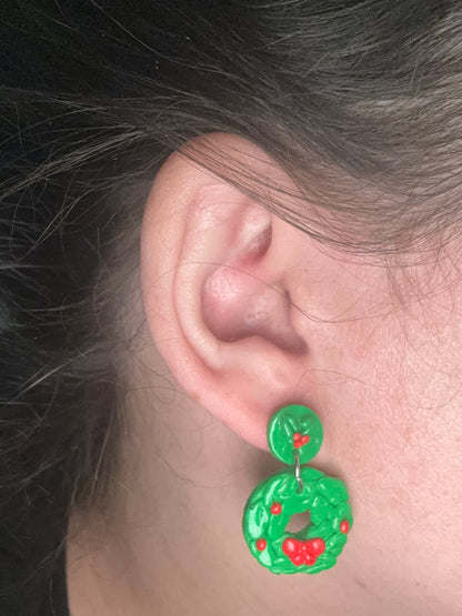 Yuletide Wreath Dangles - Festive Polymer Clay Earrings